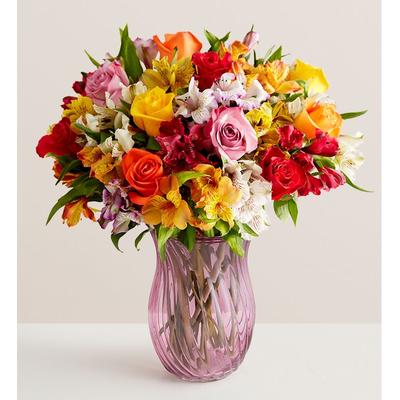 1-800-Flowers Flower Delivery Assorted Roses & Peruvian Lilies Double Bouquet W/ Pink Vase | 100% Satisfaction Guaranteed