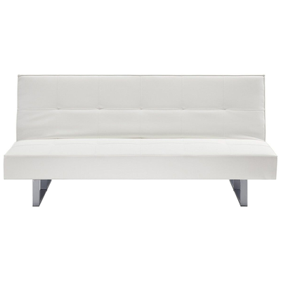 3-Sitzer Sofa Weiß Kunstleder Gesteppt Lederoptik mit Schlaffunktion Kufengestell Silber Ohne Armlehnen Modern Wohnzimme