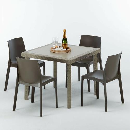 Grand Soleil - Polyrattan Tisch Quadratisch mit 4 Bunten Stühlen 90x90 Beige Elegance | Rome Braun