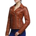 BRANDSLOCK Women's Leather Biker Jacket Waxed Lambskin Leather (L, Tan)