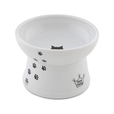 Necoichi Ceramic Elevated Dog & Cat Food Bowl, White Paw Print, 1-cup