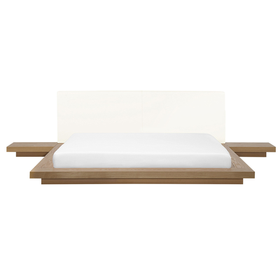 Bett Weiß / Hellbraun Kunstleder und MDF-Platten Holzoptik mit Lattenrost 180x200 cm 2 Nachttische Japanischer Stil Schl