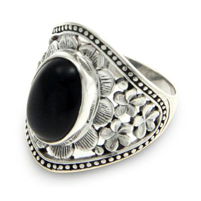 'Frangipani Mystery' - Unique Sterling Silver and Onyx Cocktail Ring