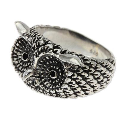 Sterling silver cocktail ring, 'Watchful Owl'