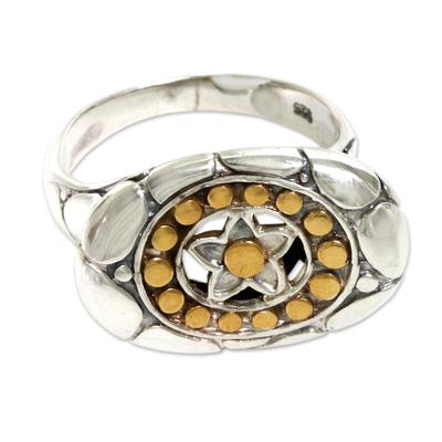 Starlight,'Modern Balinese Silver Star Motif Ring with 18k Gold Accents'