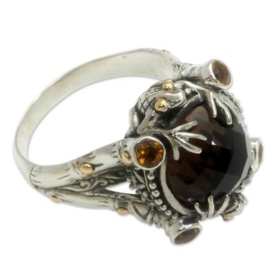 Gold accent smoky quartz cocktail ring, 'Tropical Frogs'