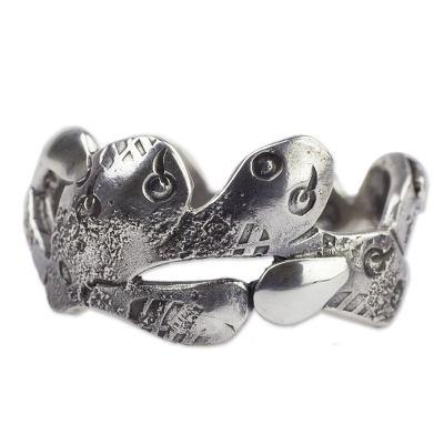 Men's silver band ring, 'Aztec Nopal'