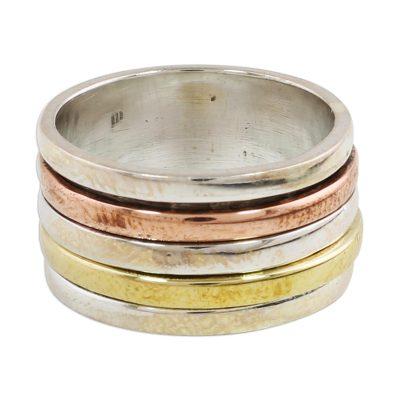 Sleek Simplicity,'Simple Sterling Silver Copper and Brass Indian Spinner Ring'