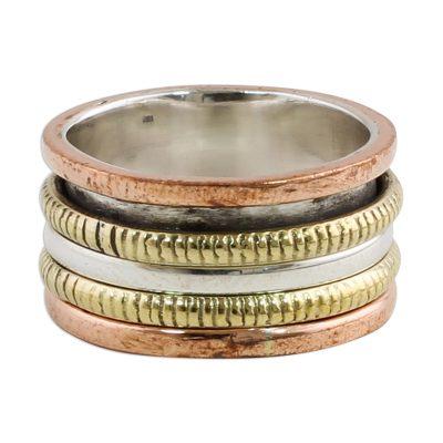 Alluring Rotation,'Sterling Silver Copper and Brass Spinner Ring from India'