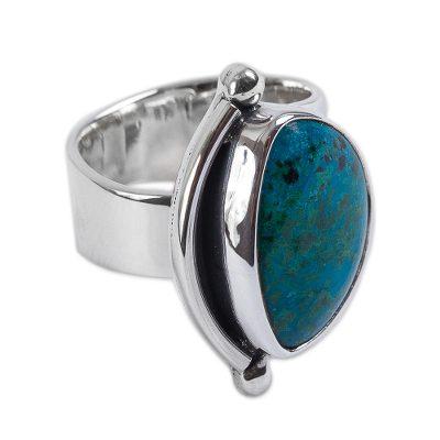 'Taxco Mystique' - Hand Made Taxco Fine Silver Chrysocolla Cocktail Ring