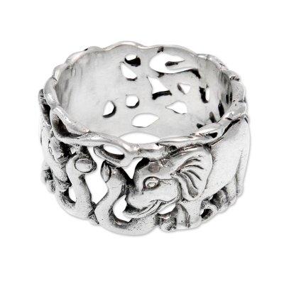 'Elephant Romance' - Men's Handcrafted Sterling Silver Band Ring