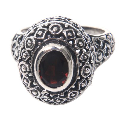 Ornate Jungle Wreath,'Ornate Balinese Garnet and Sterling Silver Ring'