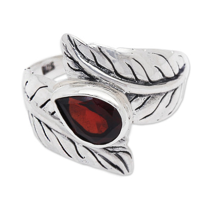 Leafy Caress,'Garnet and Silver Leaf Design Cocktail Ring from Bali'