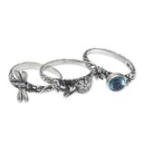 Garden of Eden,'Dragonfly and Frog on Silver Blue Topaz Stacking Rings (3)'