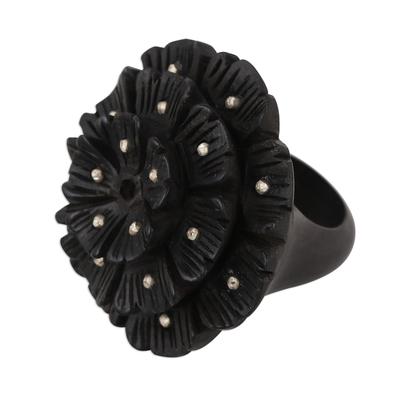 'Hand-Carved Ebony and Sterling Silver Floral Ring from India'