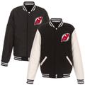 Men's JH Design Black/White New Jersey Devils Reversible Fleece Jacket with Faux Leather Sleeves