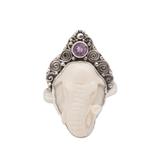 Elephant Grandeur,'Polished Sterling Silver Ring with Elephant and Amethyst'