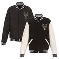 Men's JH Design Black/White Milwaukee Bucks Reversible Fleece & Faux Leather Full-Snap Jacket