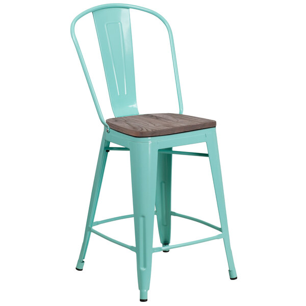 Flash Furniture ET-3534-24-MINT-WD-GG 24" Mint Green Metal Counter Height Stool with Vertical Slat Back and Wood Seat