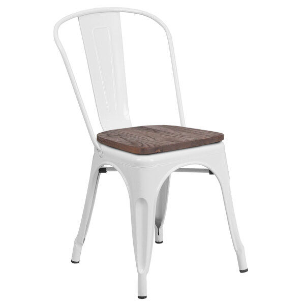 Flash Furniture CH-31230-WH-WD-GG White Stackable Metal Chair with Vertical Slat Back and Wood Seat