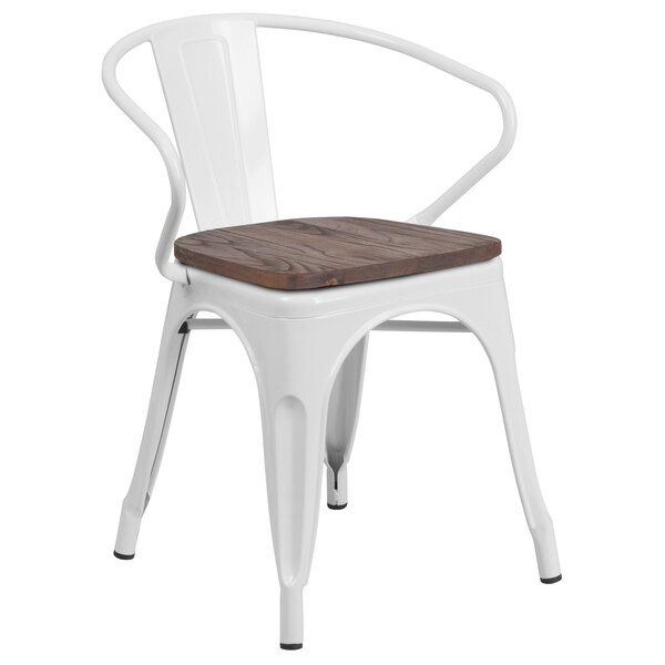 Flash Furniture CH-31270-WH-WD-GG White Stackable Metal Chair with Arms, Vertical Slat Back, and Wood Seat