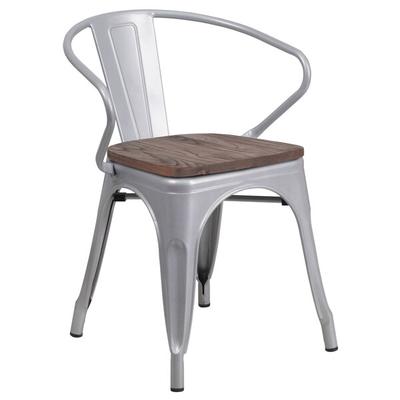 Flash Furniture CH-31270-SIL-WD-GG Silver Stackable Metal Chair with Arms, Vertical Slat Back, and Wood Seat