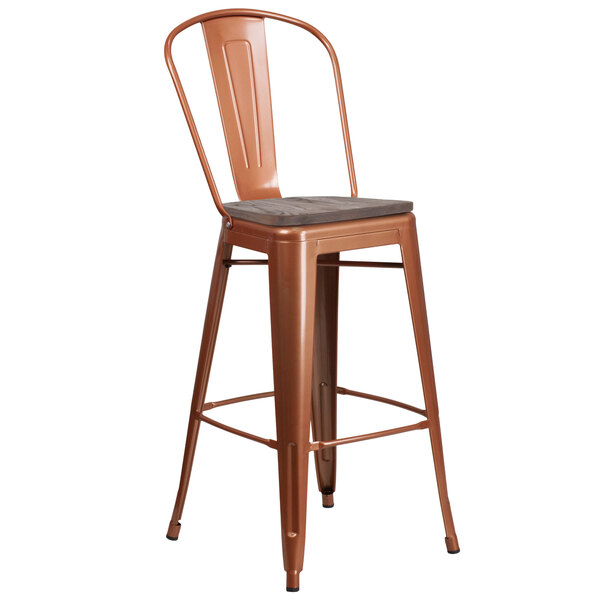 Flash Furniture ET-3534-30-POC-WD-GG 30" Copper Metal Bar Height Stool with Vertical Slat Back and Wood Seat