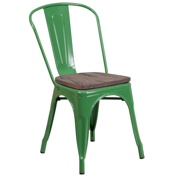 Flash Furniture CH-31230-GN-WD-GG Green Stackable Metal Chair with Vertical Slat Back and Wood Seat