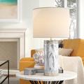 Mercer41 Rohrbach 24.5" Modern Pillar Marble Table Lamp w/ Polished Nickel Accents, White/Grey Linen/Marble in Gray/White | Wayfair