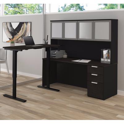 Pro-Concept Plus Height Adjustable L-Desk w/ Frosted Glass Door Hutch in Deep Grey & Black - Bestar 110897-32