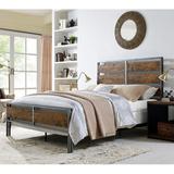 Queen Size Metal & Wood Plank Bed in Brown - Walker Edison BQSLRW