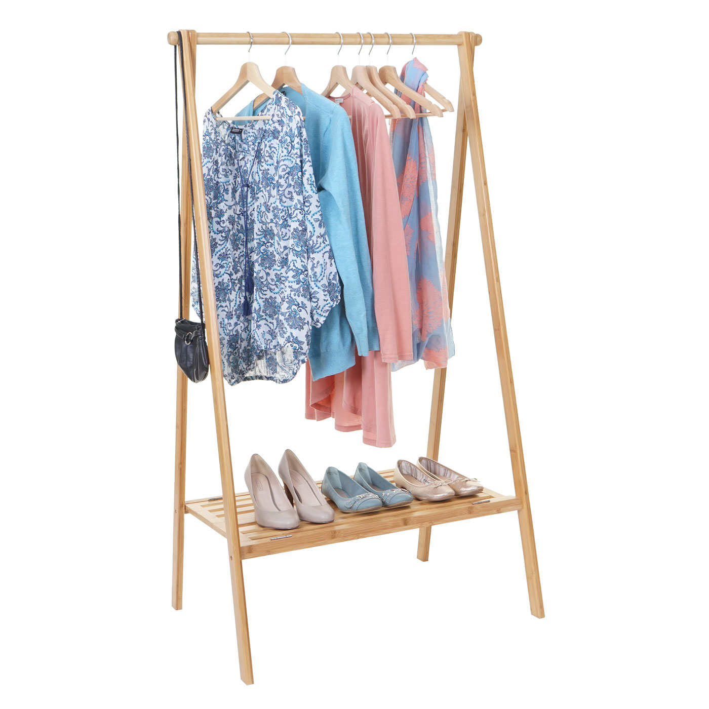 Standgarderobe HWC-B82, Kleiderständer Garderobe Garderobenständer, Bambus klappbar 150x84x57cm