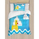 Ambesonne Rubber Duck Cute Children's Toy Figure on Wavy Water Inspired Stripes Clouds Duvet Cover Set Microfiber in Blue | Twin | Wayfair