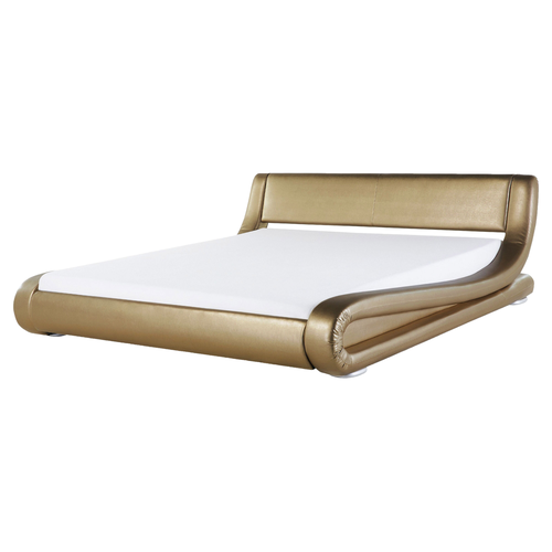Wasserbett Leder Gold 160 x 200 cm Geschwungene Form Wärmedämmung für Dual System mit Wasserbettmatratze Silberne Füße Modern