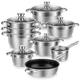 Velaze Cookware Set, Series Arthus, 14-Piece Stainless Steel Pot & Pan Sets, Induction Safe, Saucepan, Casserole with Glass lid,Steamer,Frypan (Set of 14)