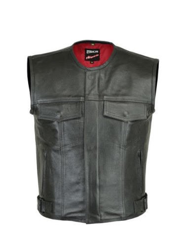 RKsports LEVI Mens Motorcycle Biker Waistcoat Full Leather Black Gillet Vest Cut Zipper Pocket (XL- 40-42")