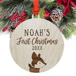 The Holiday Aisle® Personalized Baby's First Christmas Woodland Deer Ball Ornament Wood in Brown | 3.5 H x 3.5 W in | Wayfair