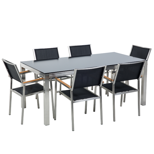 Gartenmöbel Set Schwarz Sicherheitsglas Edelstahl Tisch 180 cm 6 Stühle Terrasse Outdoor Modern