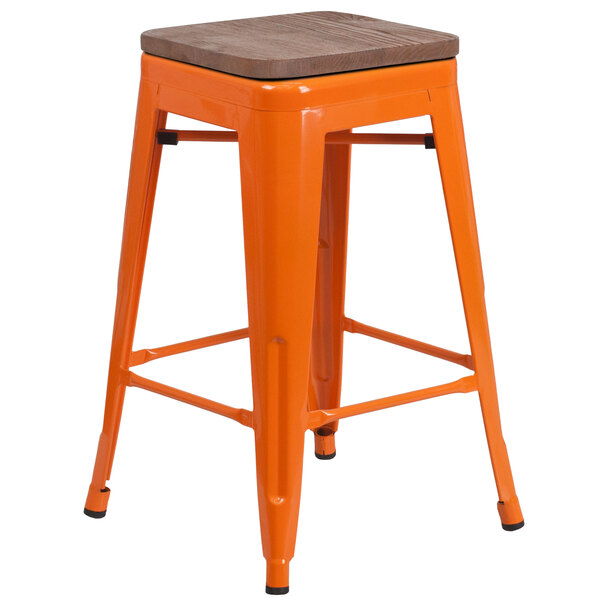 Flash Furniture CH-31320-24-OR-WD-GG 24" Orange Stackable Metal Backless Counter Height Stool with Square Wood Seat