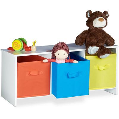 Kindersitzbank mit Stauraum, bunte Stoffkörbe, Spielzeugtruhe, HxBxT:35,5x81x29cm, weiß - Relaxdays Image