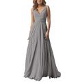 Leader of the Beauty Chiffon A Line Double V Neck Bridesmaid Dress Long Wedding Evening Dress Silver UK 8