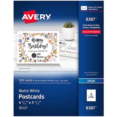 Avery® 08387 4 1/4" x 5 1/2" Matte White Printable Two-Sided Postcard - 200/Box