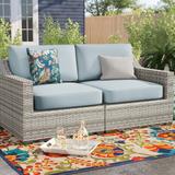 Beachcrest Home™ Bannister 70" Wide Outdoor Wicker Loveseat w/ Cushions All - Weather Wicker/Wicker/Rattan in Gray/Blue | Wayfair