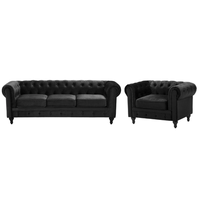 Sofa Set Schwarz Samtstoff Sizgruppe Chesterfield Stil Glamourös Wohnzimmer