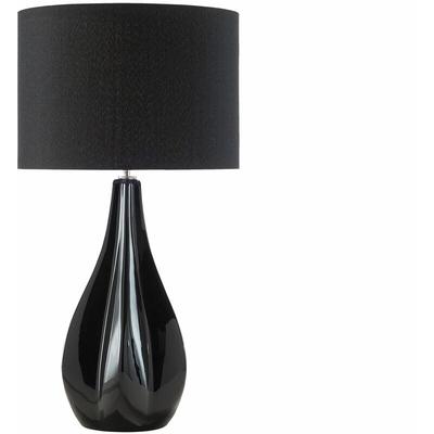 Tischlampe Schwarz geschwungener Porzellanfuß Stoffschirm langes Kabel mit Schalter Modern Glamourös