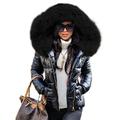 Aox Women Winter Faux Fur Hood Down Coat Lady Thicken Puffer Slim Zipper Jacket Parka (8, Black Faux Fur)