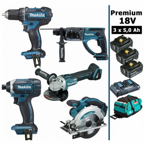Pack Makita Premium 5 machines 18V 5Ah: Perceuse DDF482 + Meuleuse DGA504 + Perforateur DHR202 +