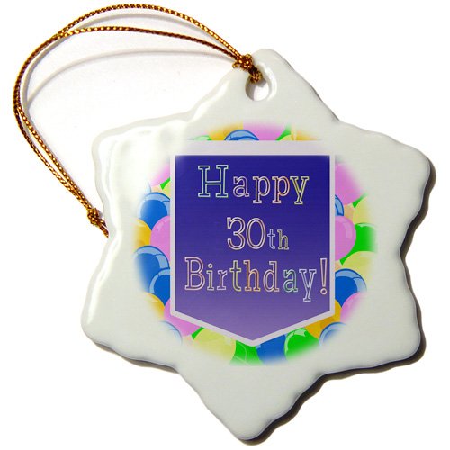 3dRose ORN 174819 _ 1 Luftballons mit Lila Banner Happy 30th Birthday Schneeflocke Porzellan Ornament, 7,6 cm