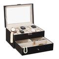 Relaxdays Uhrenbox f. 10 Uhren, abschließbarer Kunstleder Uhrenkasten, Uhrenkoffer Glasdeckel u. Uhrenkissen, schwarz
