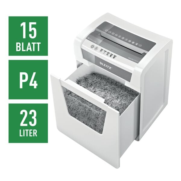 Leitz IQ Aktenvernichter »Office P4« Partikelschnitt bis 15 Blatt weiß, 22.3x46.5x27.9 cm Image